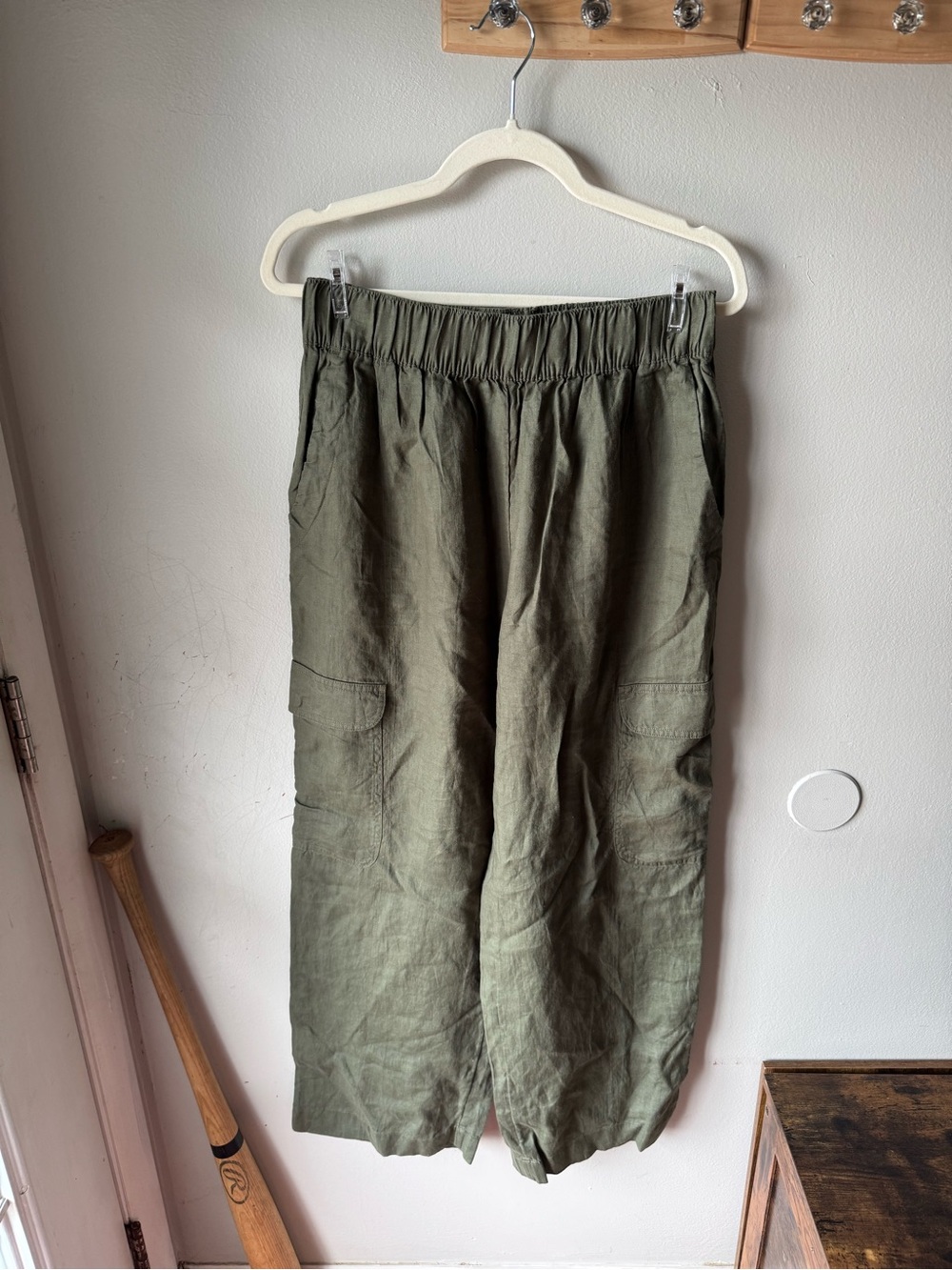 C&C California 100% Linen Olive Green Wide Leg Cargo Pants Elastic Waist - M